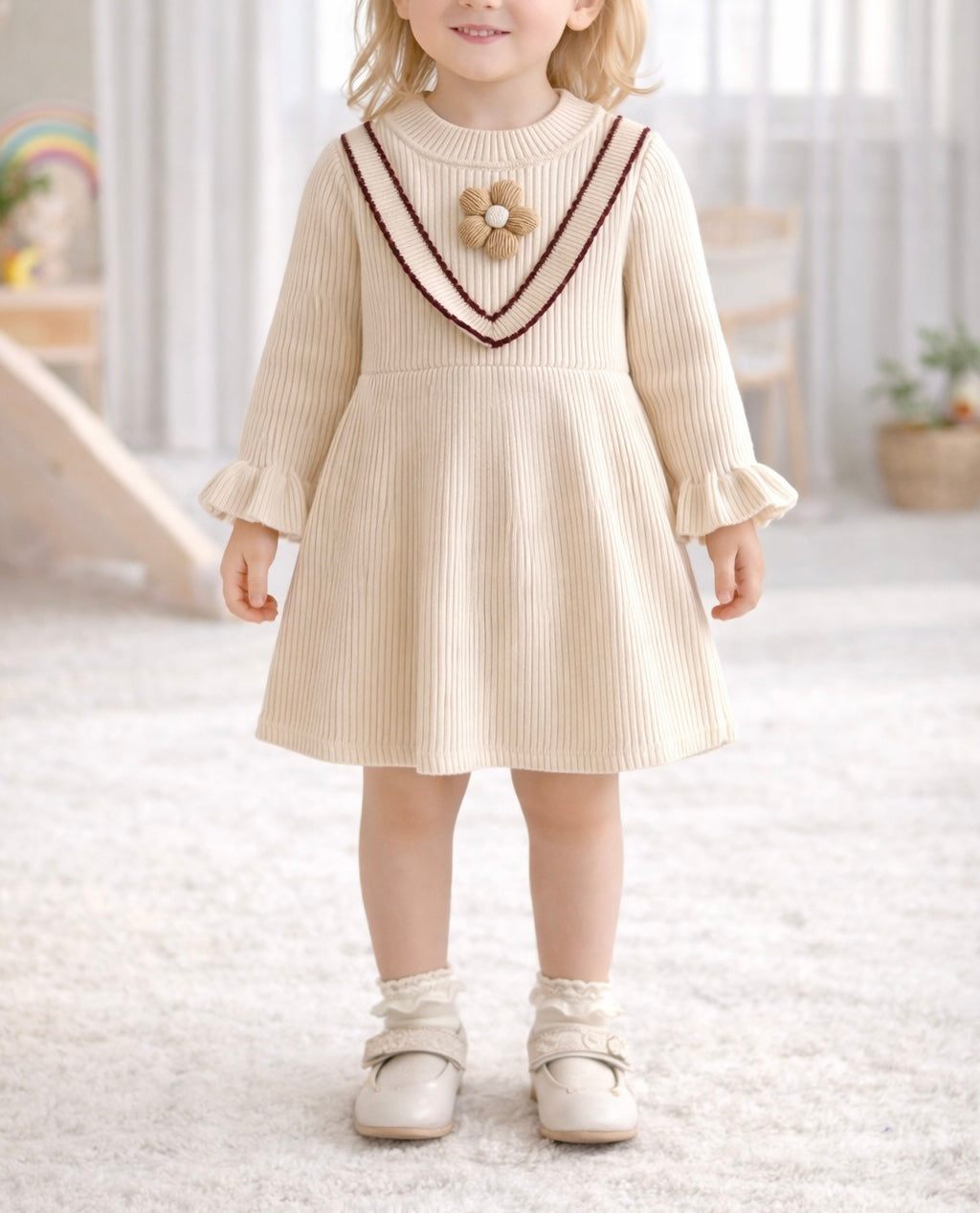 Knitted Girls' Dress with Floral Accent