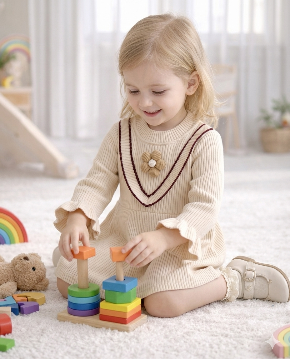 Knitted Girls' Dress with Floral Accent